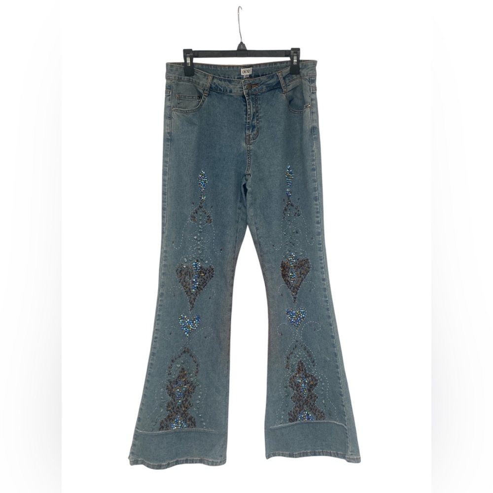Cache Blue Flare Jeans with Embellishments GUC 12